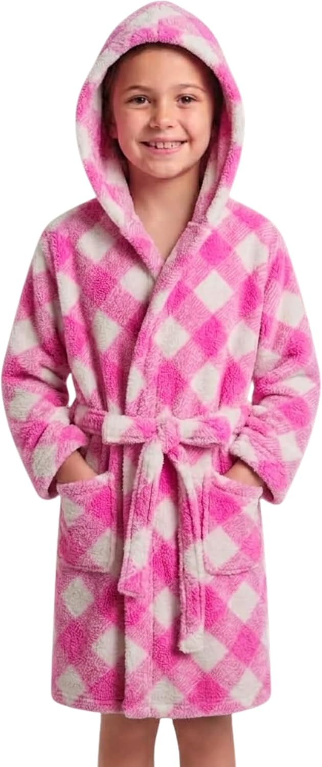 image:imageJust Love Girls Plush Hooded Robe Soft Printed Fleece BathrobeBuffalo Plaid Diagonal Fuchsia