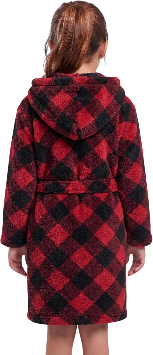 image:imageJust Love Girls Plush Hooded Robe Soft Printed Fleece BathrobeBuffalo Plaid Red Black