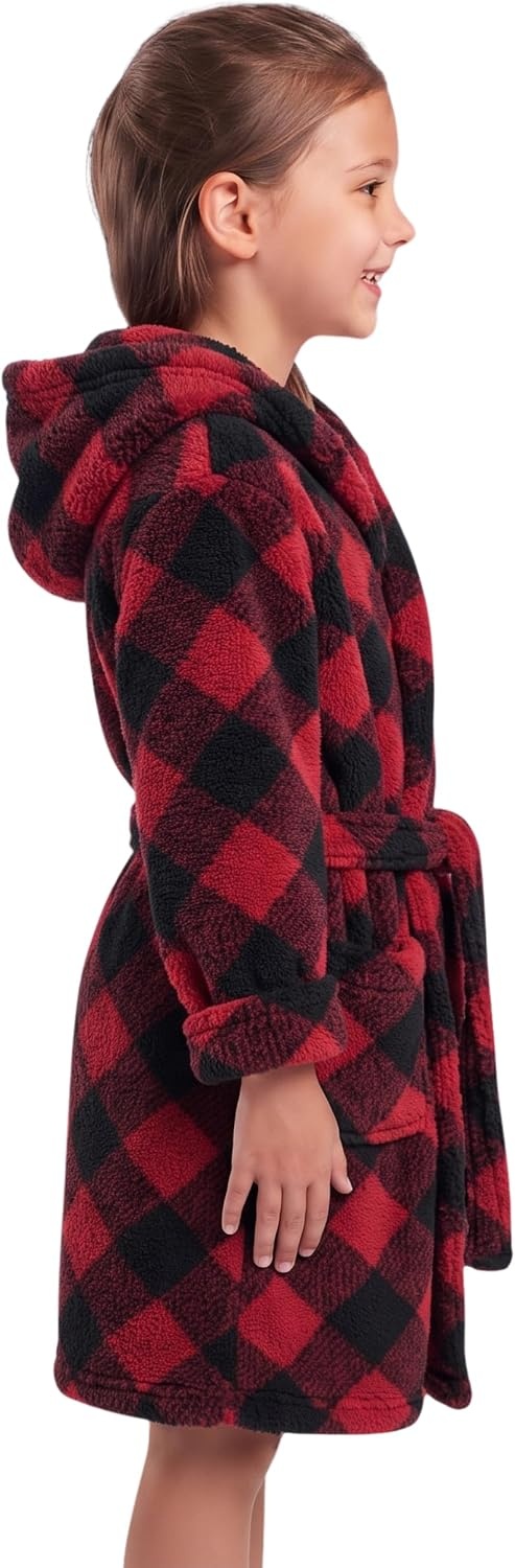 image:imageJust Love Girls Plush Hooded Robe Soft Printed Fleece BathrobeBuffalo Plaid Red Black