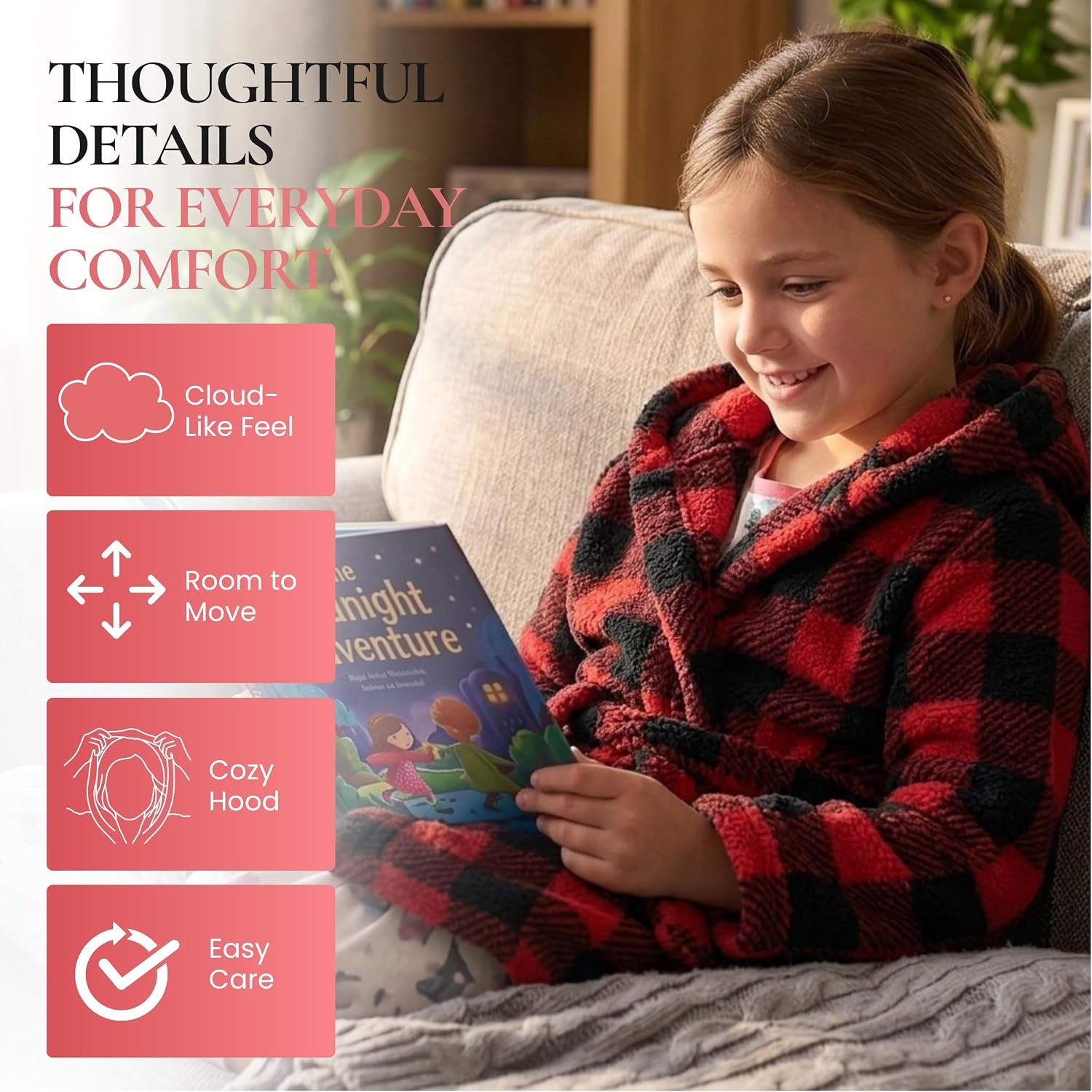 image:imageJust Love Girls Plush Hooded Robe Soft Printed Fleece BathrobeBuffalo Plaid Red Black