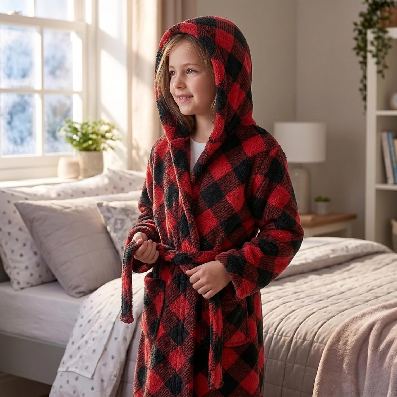 image:imageJust Love Girls Plush Hooded Robe Soft Printed Fleece BathrobeBuffalo Plaid Red Black