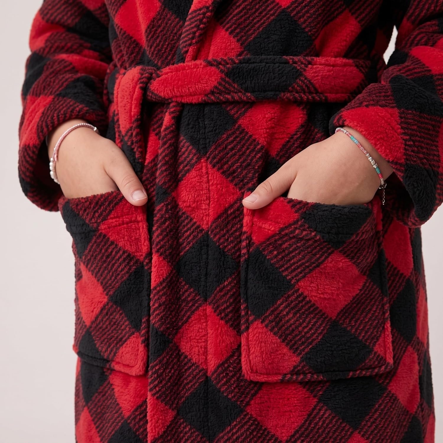 image:imageJust Love Girls Plush Hooded Robe Soft Printed Fleece BathrobeBuffalo Plaid Red Black