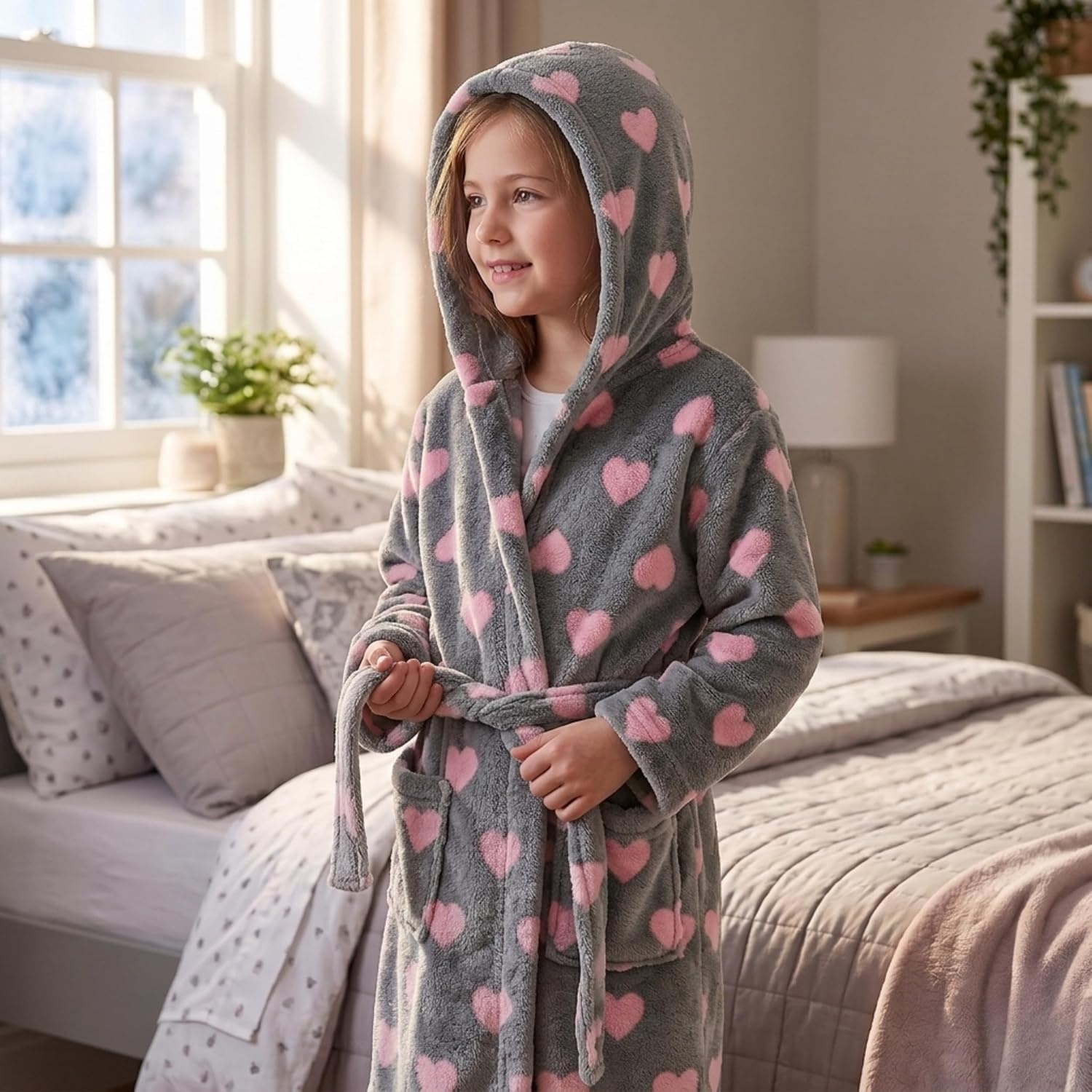 image:imageJust Love Girls Plush Hooded Robe Soft Printed Fleece BathrobeHeart Black Fuchsia