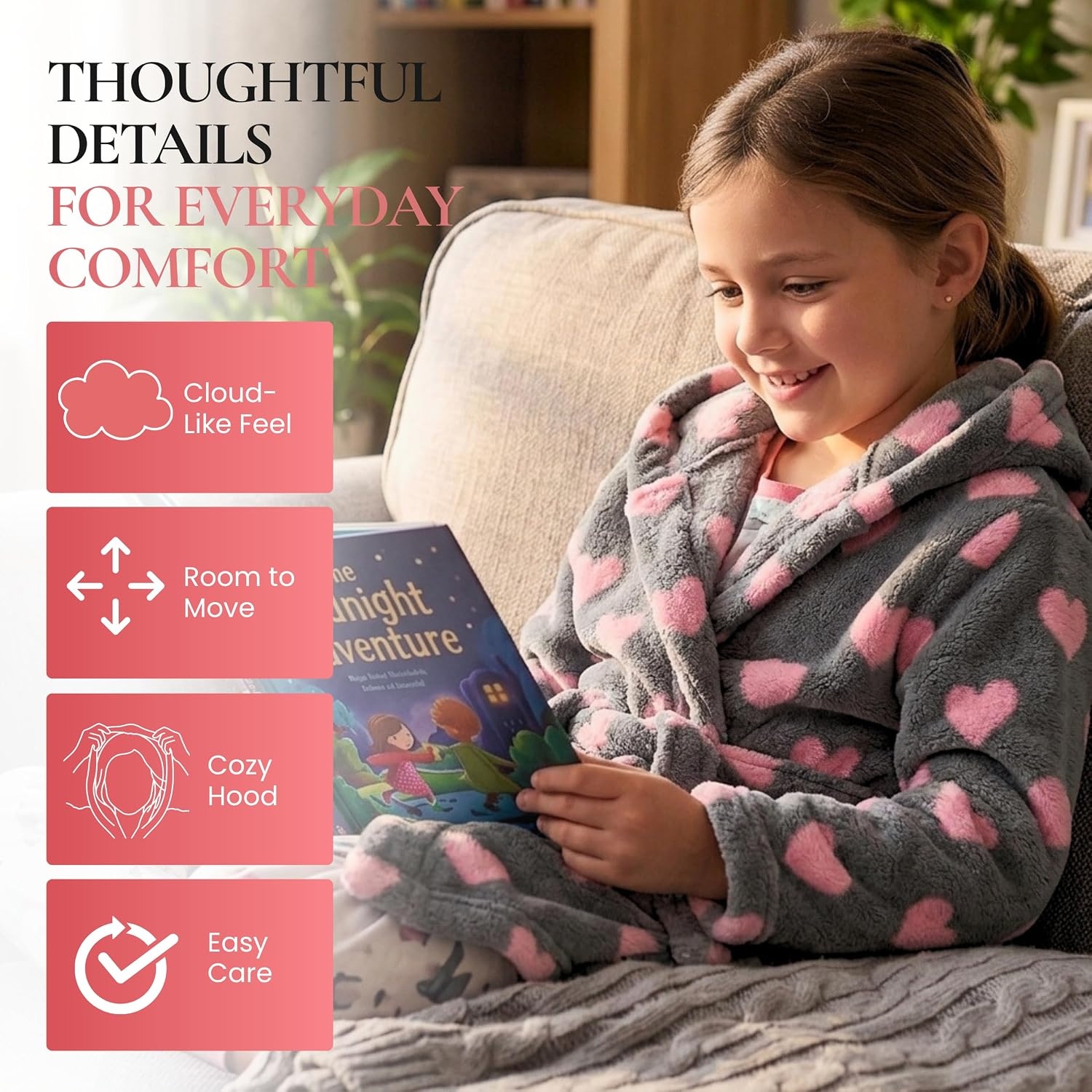 image:imageJust Love Girls Plush Hooded Robe Soft Printed Fleece BathrobeHeart Black Fuchsia
