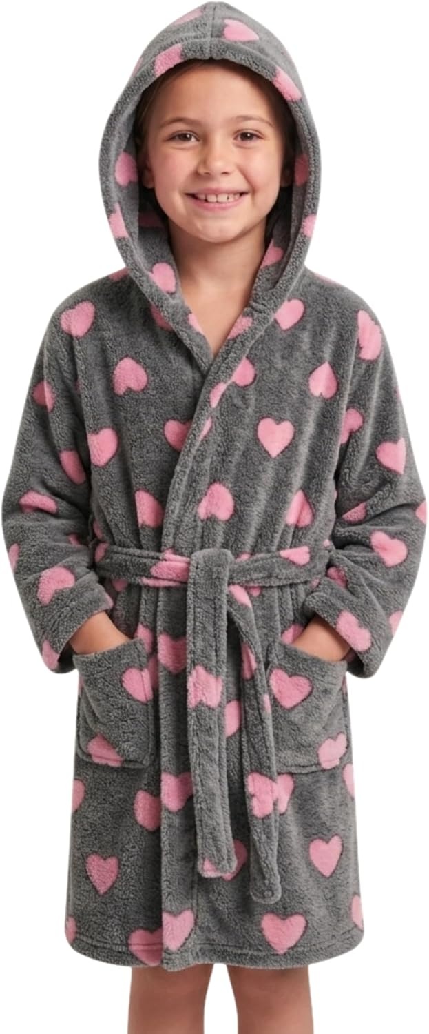 image:imageJust Love Girls Plush Hooded Robe Soft Printed Fleece BathrobeHeart Black Fuchsia