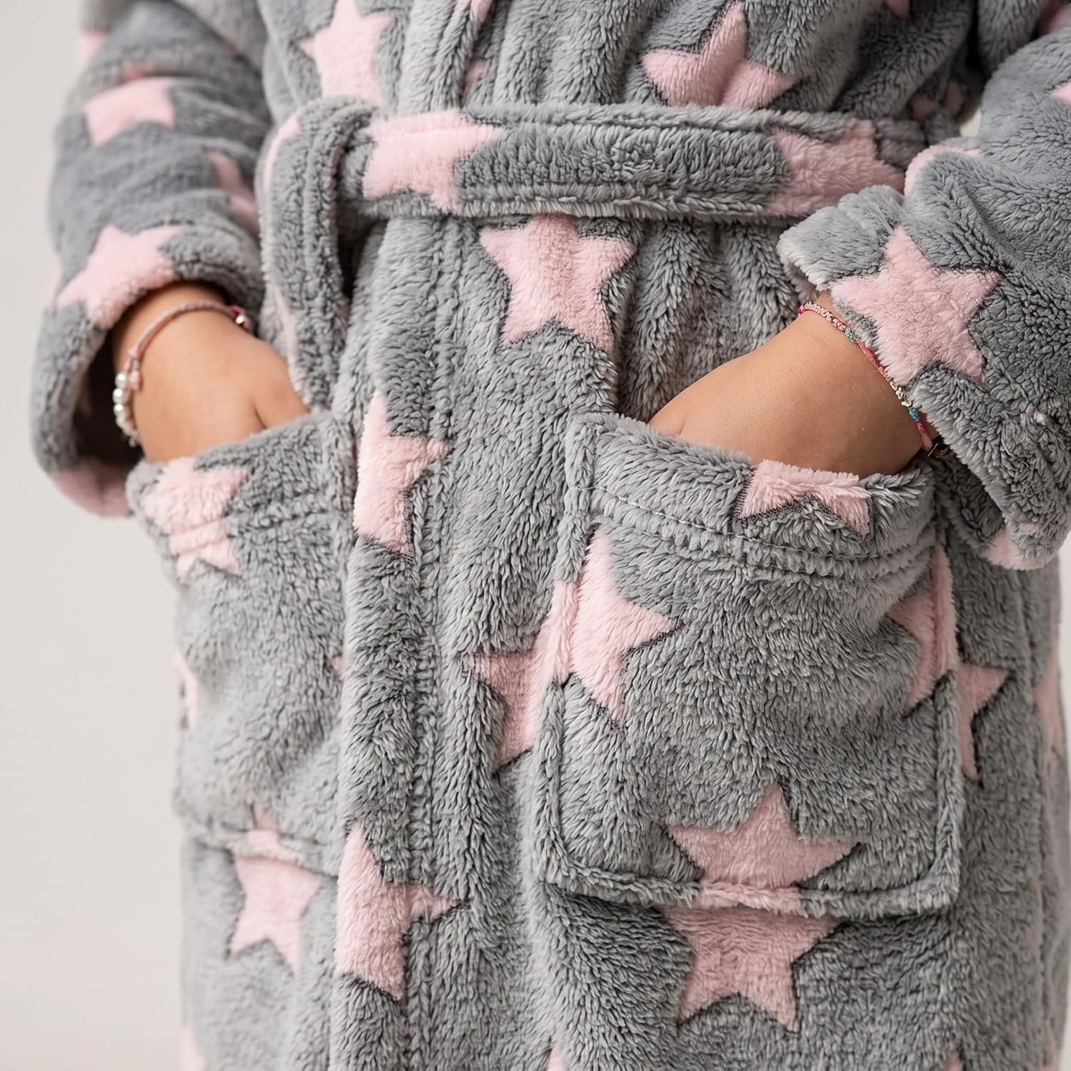 image:imageJust Love Girls Plush Hooded Robe Soft Printed Fleece BathrobeStar Grey Pink