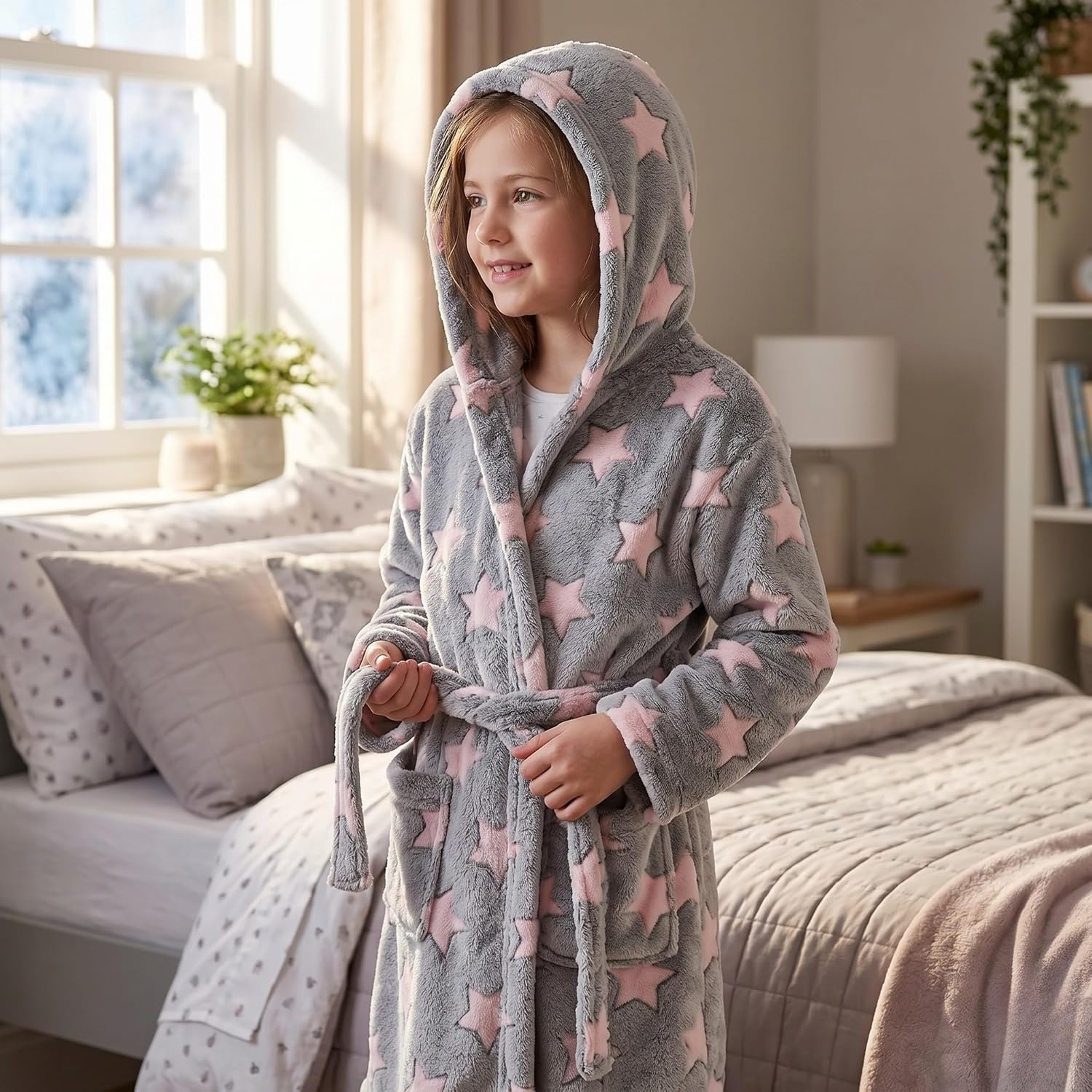 image:imageJust Love Girls Plush Hooded Robe Soft Printed Fleece BathrobeStar Grey Pink
