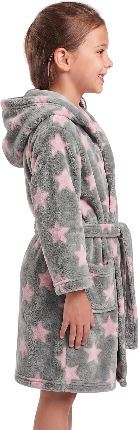 image:imageJust Love Girls Plush Hooded Robe Soft Printed Fleece BathrobeStar Grey Pink