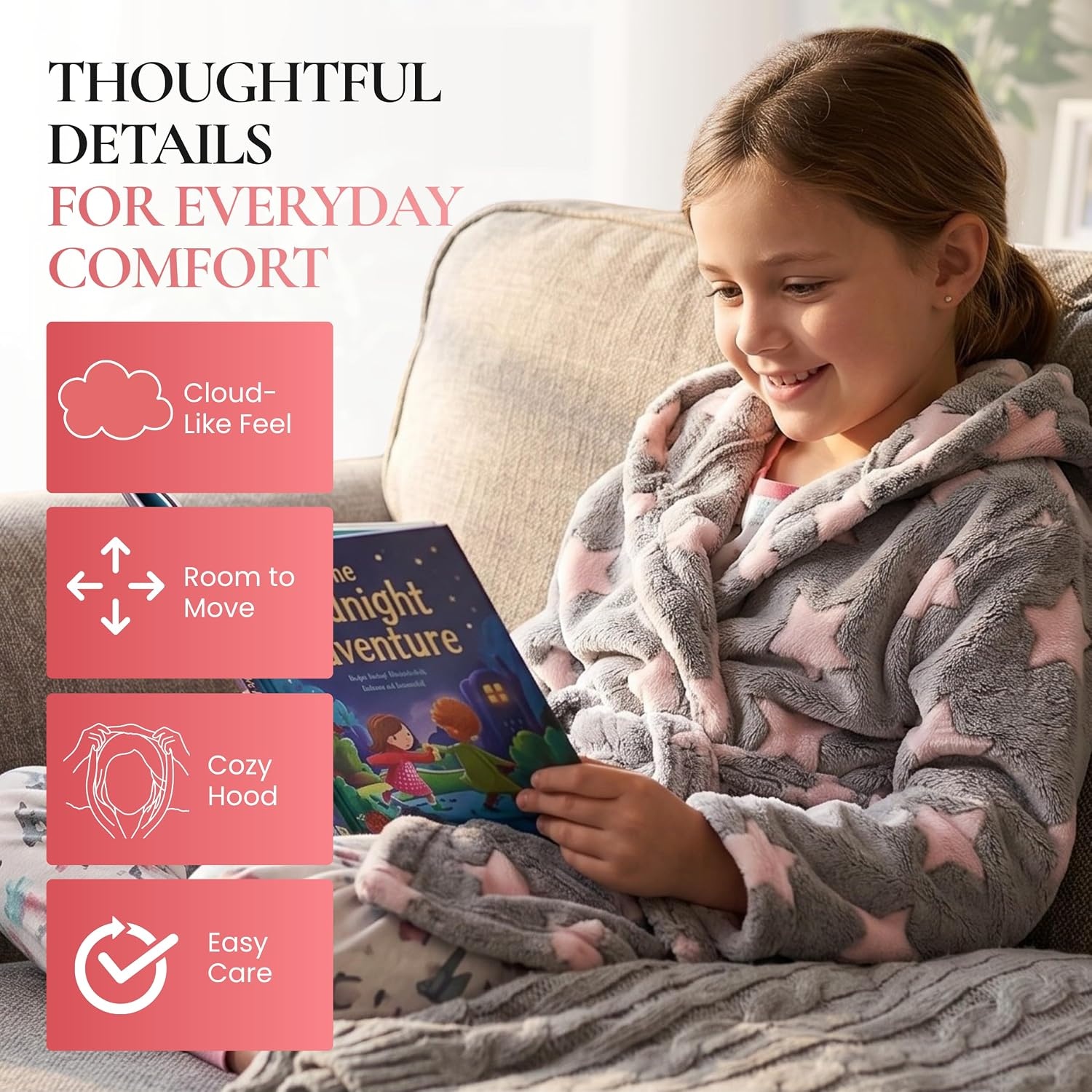image:imageJust Love Girls Plush Hooded Robe Soft Printed Fleece BathrobeStar Grey Pink