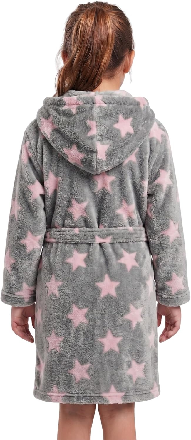image:imageJust Love Girls Plush Hooded Robe Soft Printed Fleece BathrobeStar Grey Pink