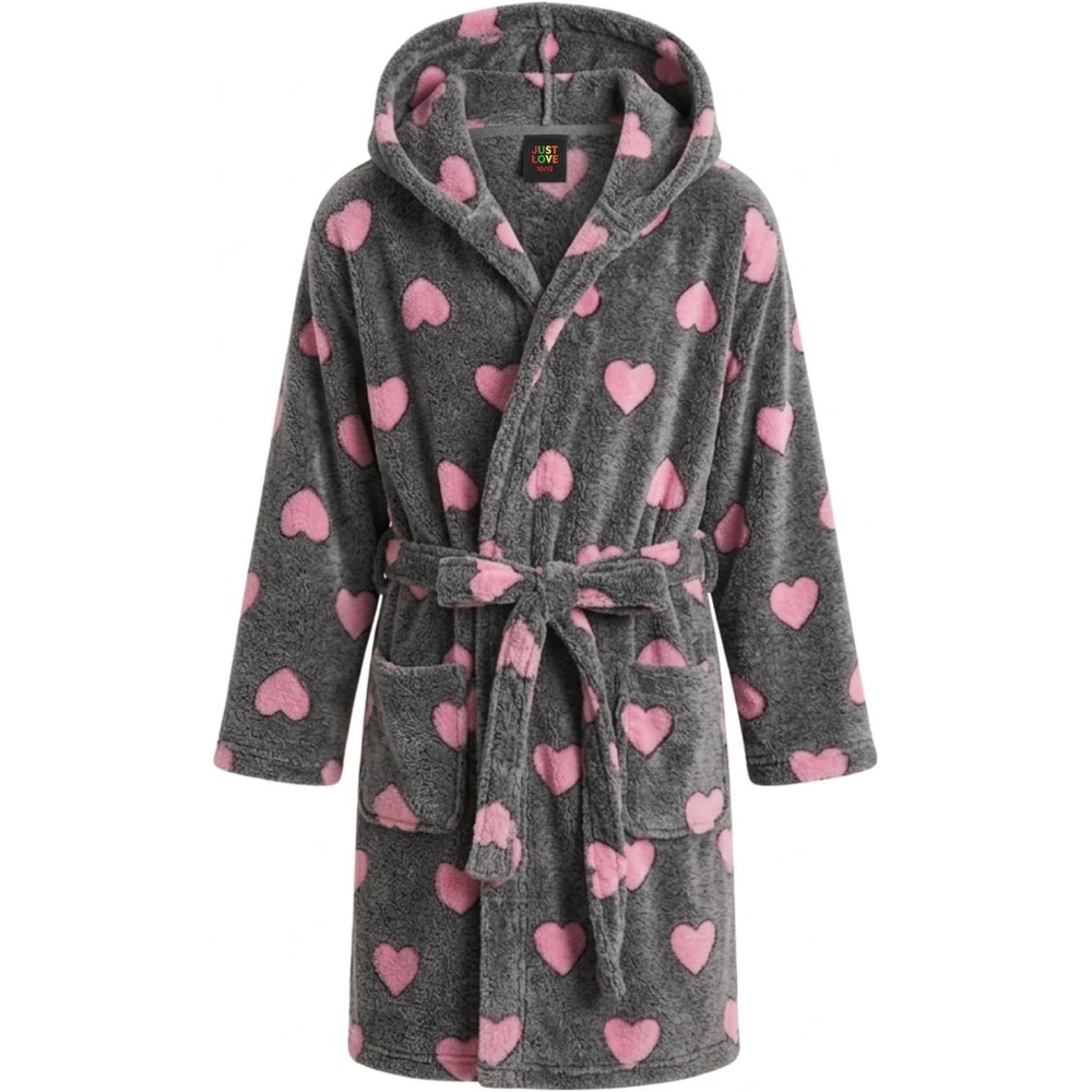 image:imageJust Love Girls Plush Hooded Robe Soft Printed Fleece BathrobeHeart Black Fuchsia