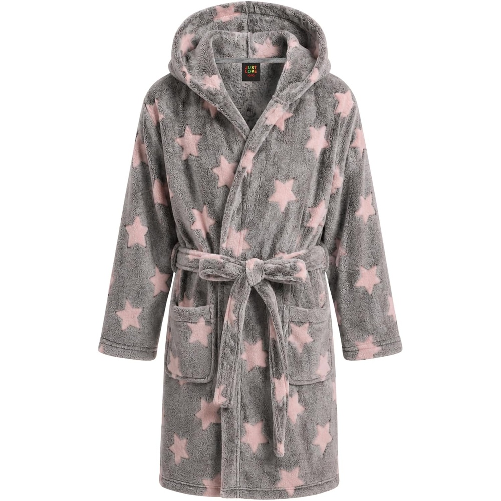 image:imageJust Love Girls Plush Hooded Robe Soft Printed Fleece BathrobeStar Grey Pink