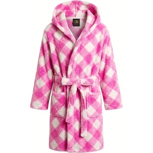 Just Love Girls’ Plush Hooded Robe, Soft Printed Fleece Bathrobe(Buffalo Plaid – Diagonal Fuchsia)